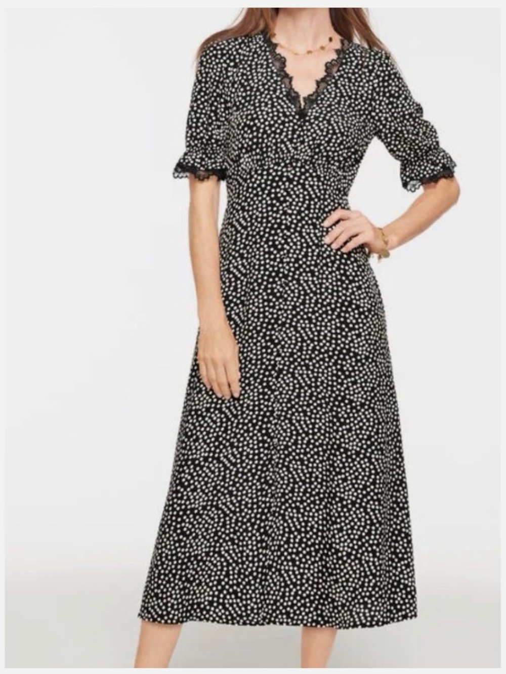 Talbots Midi Dress 2 Polka Dot White Black Trim Lace Short Sleeve Button Up